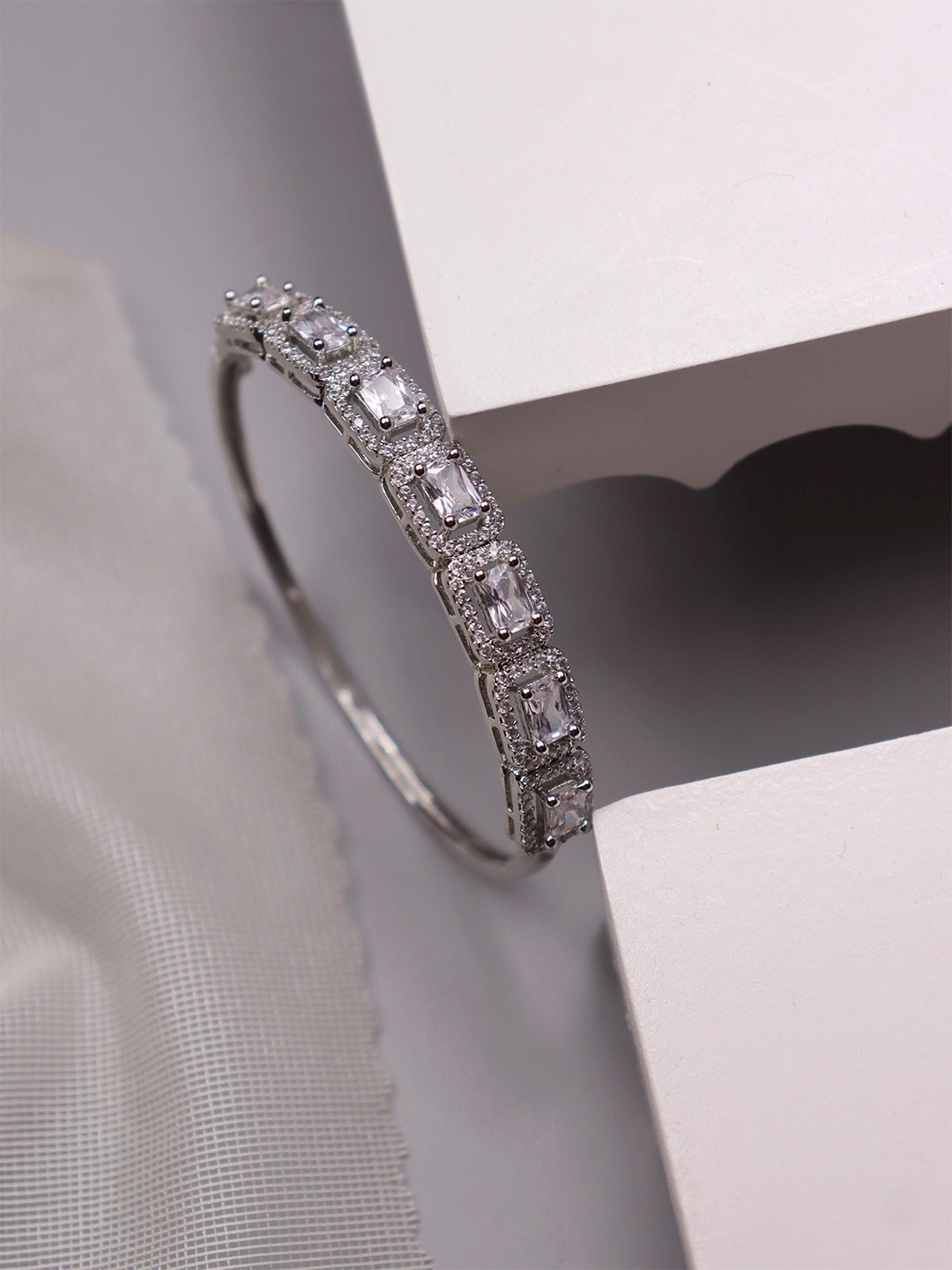 CURIO COTTAGE Women Silver-Toned & White Cubic Zirconia Rhodium-Plated Bangle-Style Bracelet