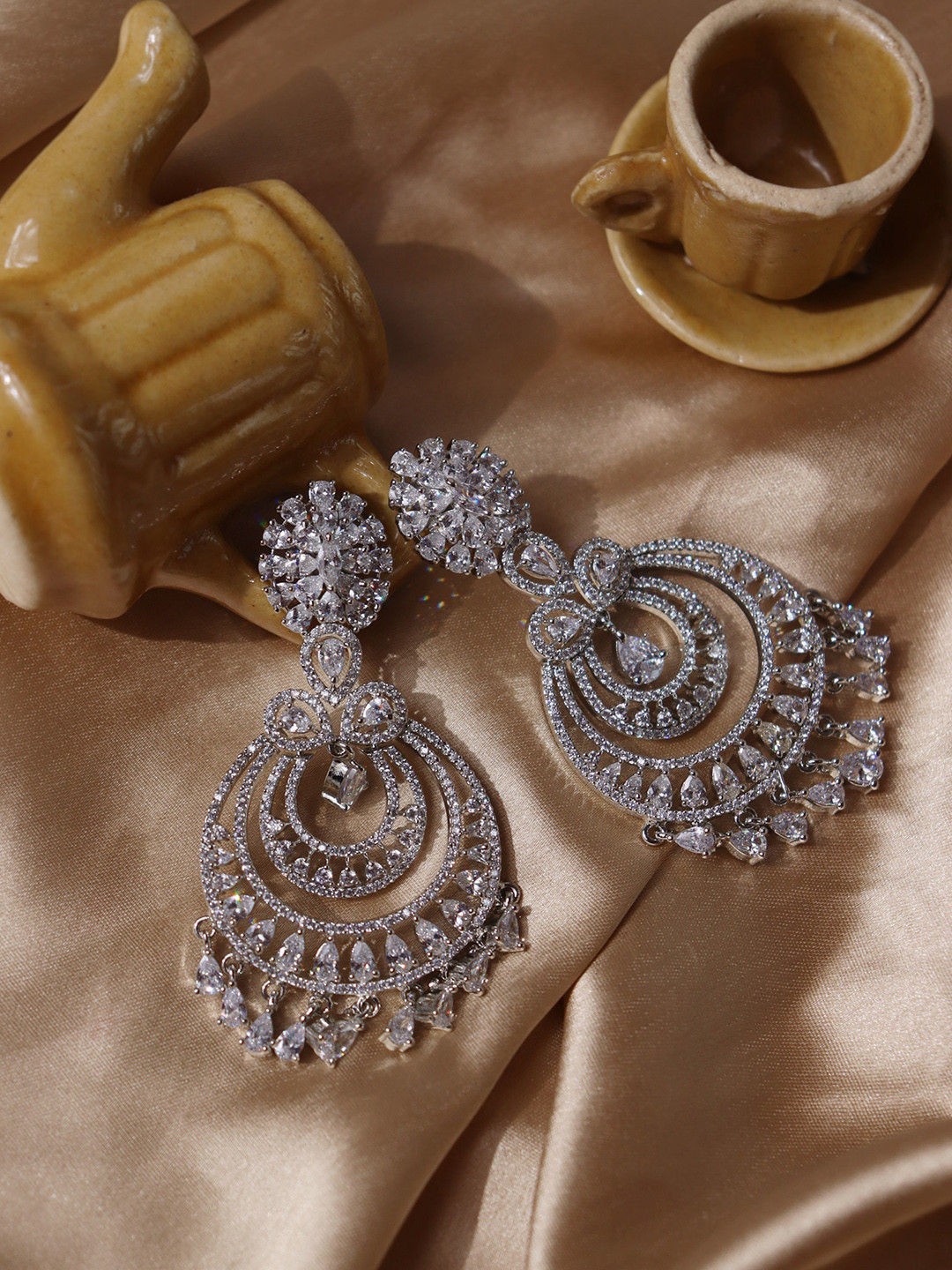 CURIO COTTAGE White Rhodium-Plated Contemporary Chandbali Earrings