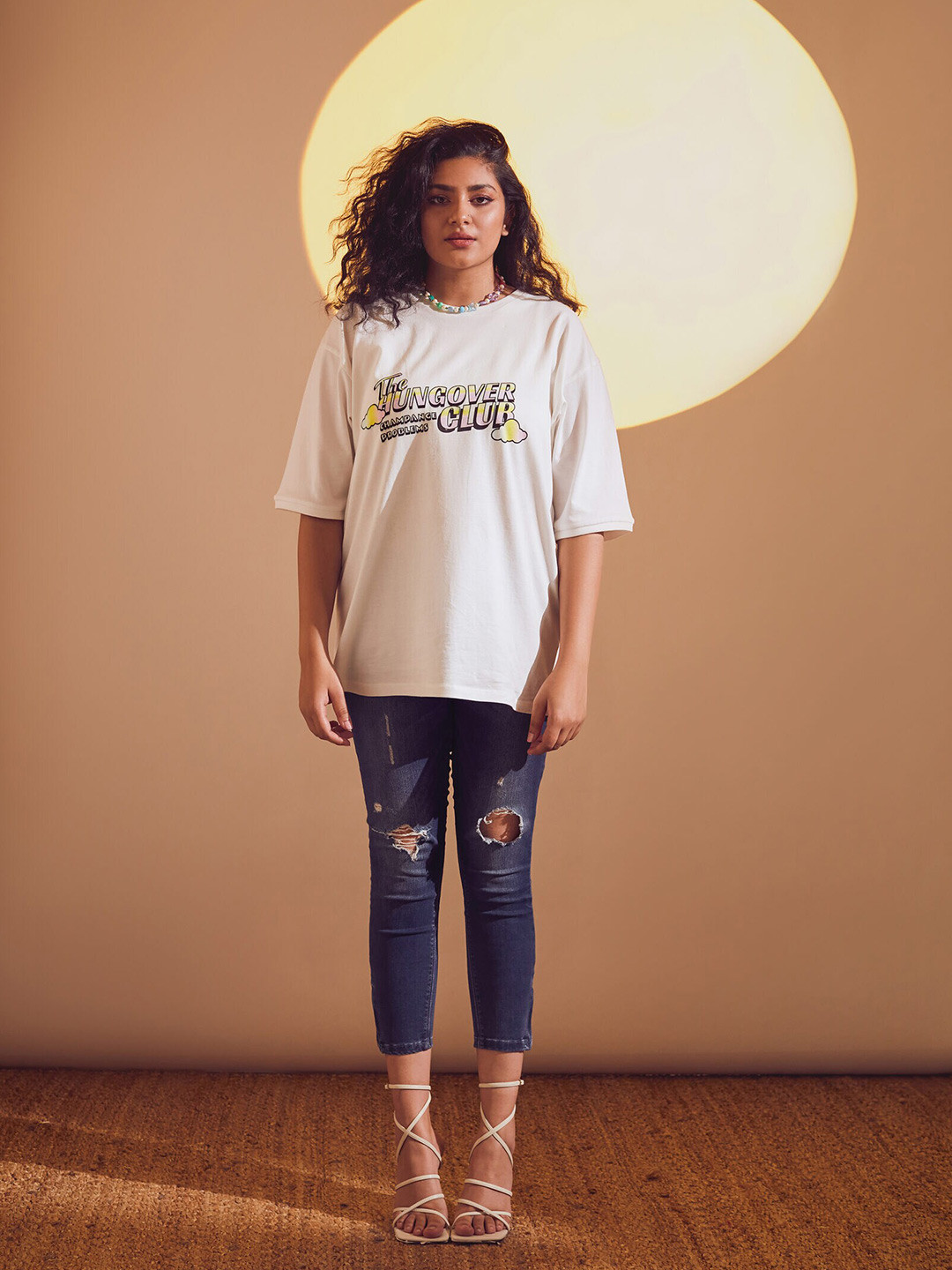 THE CLOTHING FACTORY Women White & Pink Typography Printed Drop-Shoulder Sleeves T-shirt