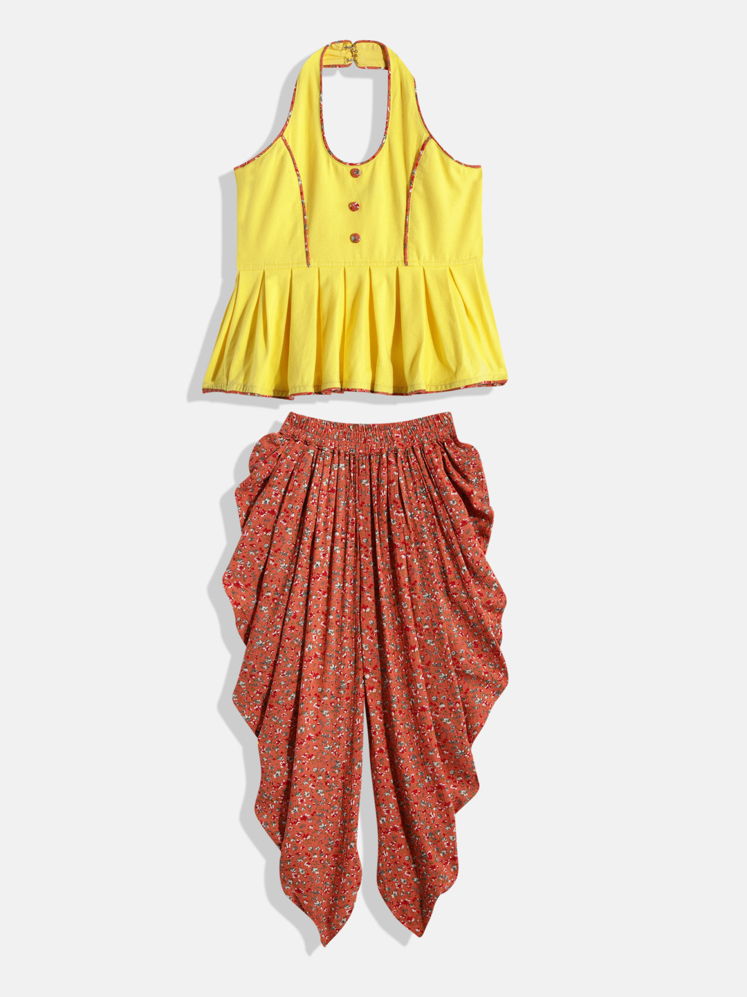 Twisha Girls Yellow & Rust Brown Top with Dhoti Pants