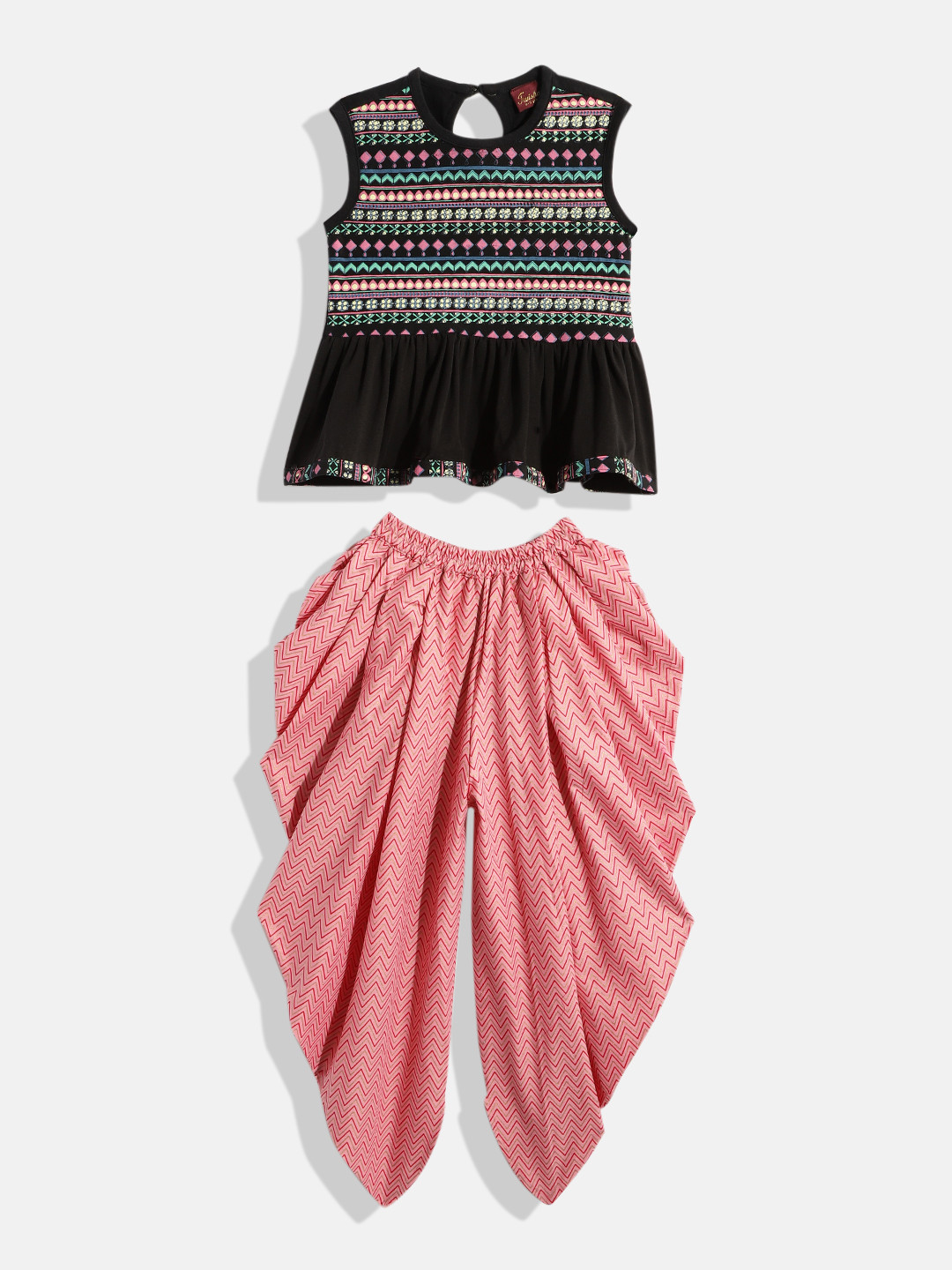 Twisha Girls Black & Peach-Coloured Pure Cotton Printed Top with Dhoti Pants