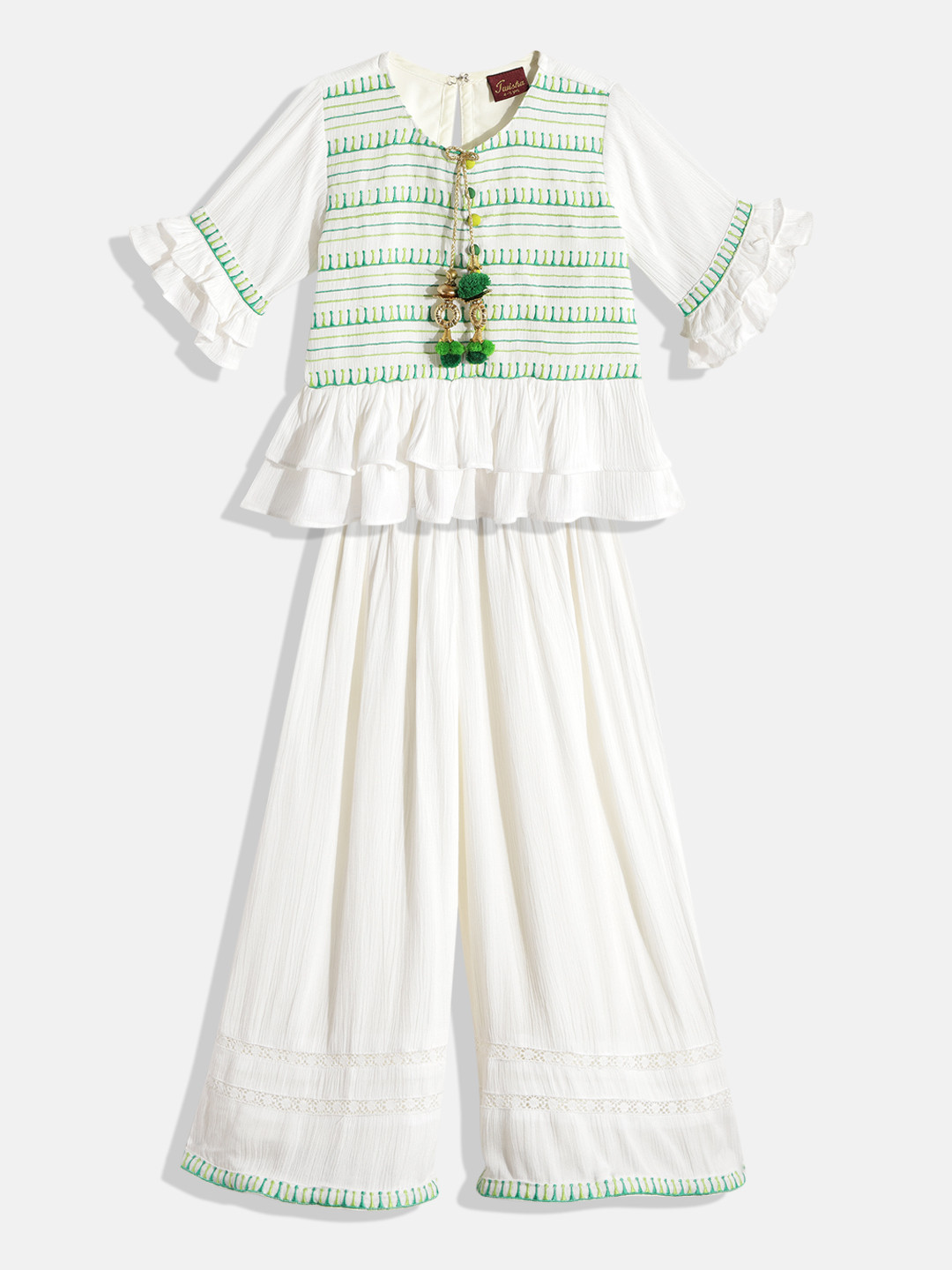 Twisha Girls White & Green Embroidered Top with Palazzos