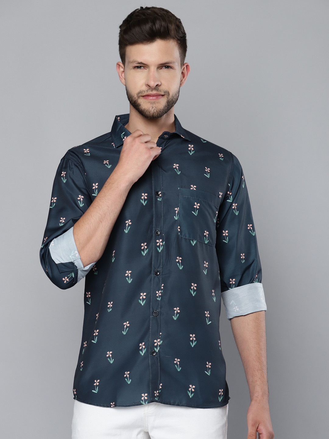 DENNISON Men Navy Blue Smart Slim Fit Floral Printed Formal Shirt