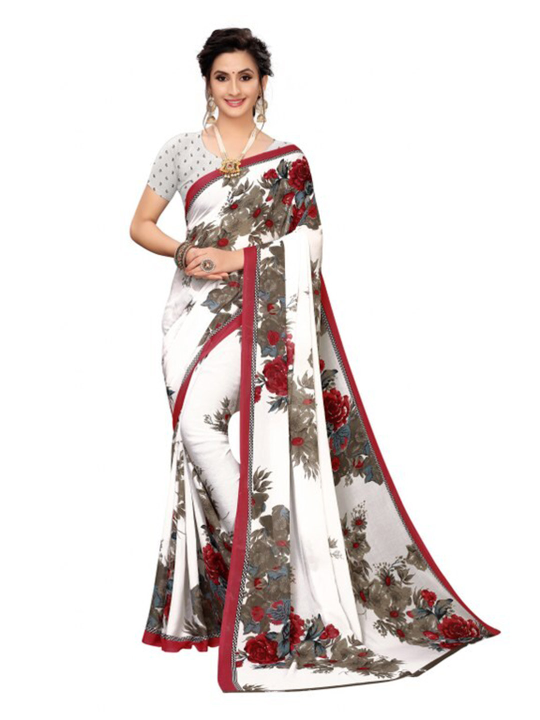Florence Maroon & White Floral Pure Georgette Saree