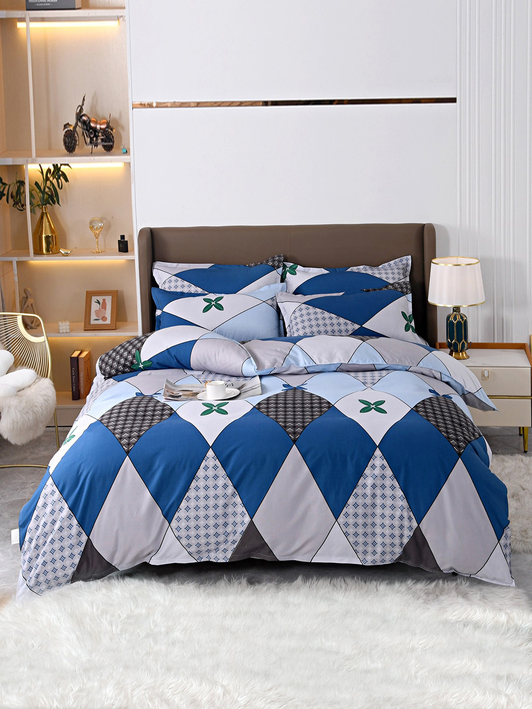 JC HOME Blue Printed Double Queen Bedding Set