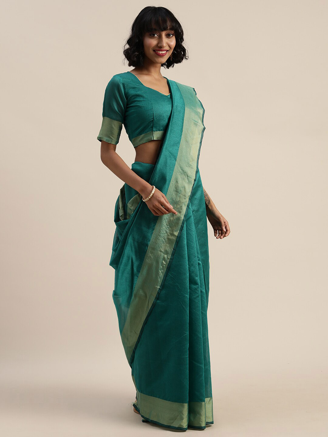 Buy SAADHVI Green Gold-Toned Art Silk Saree Sarees for Women