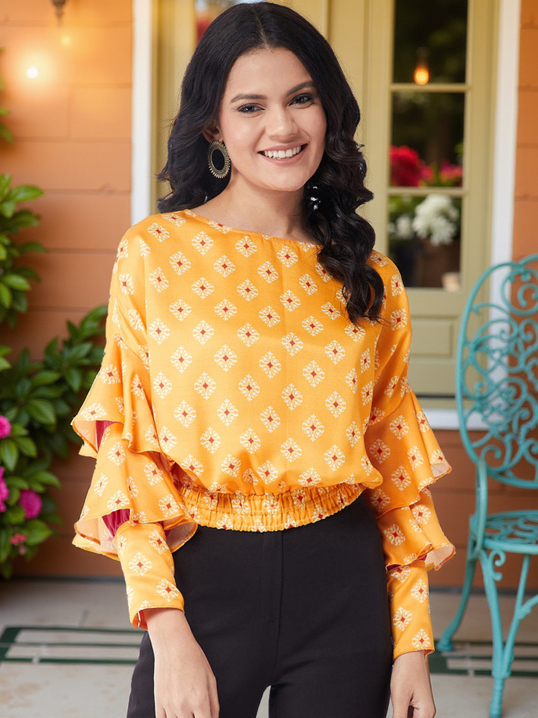 Pannkh Women Yellow Print Bell Sleeves Blouson Top
