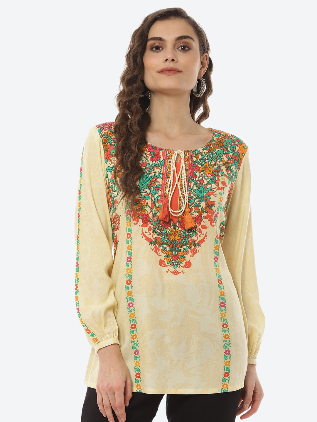 Rangriti Women Beige & Red Floral Printed Top