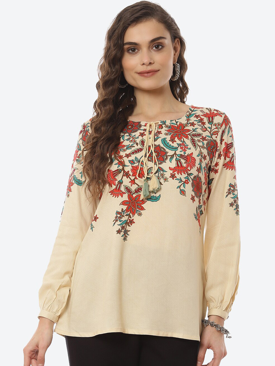 Rangriti Women Cream-Coloured Floral Print Tie-Up Neck Top