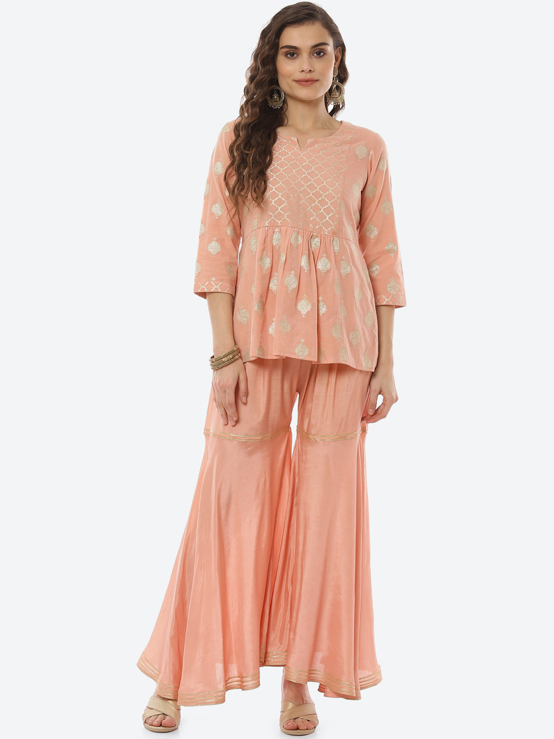 Rangriti Women Peach-Coloured Printed Kurti with Sharara