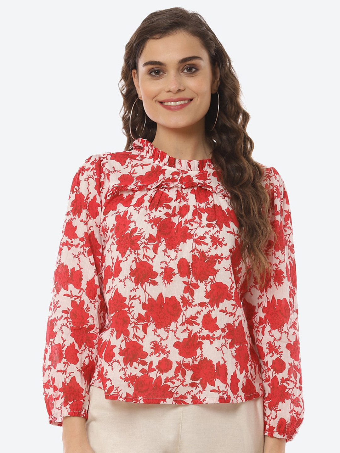 Rangriti Women Red Floral Print Ruffles Crepe Top