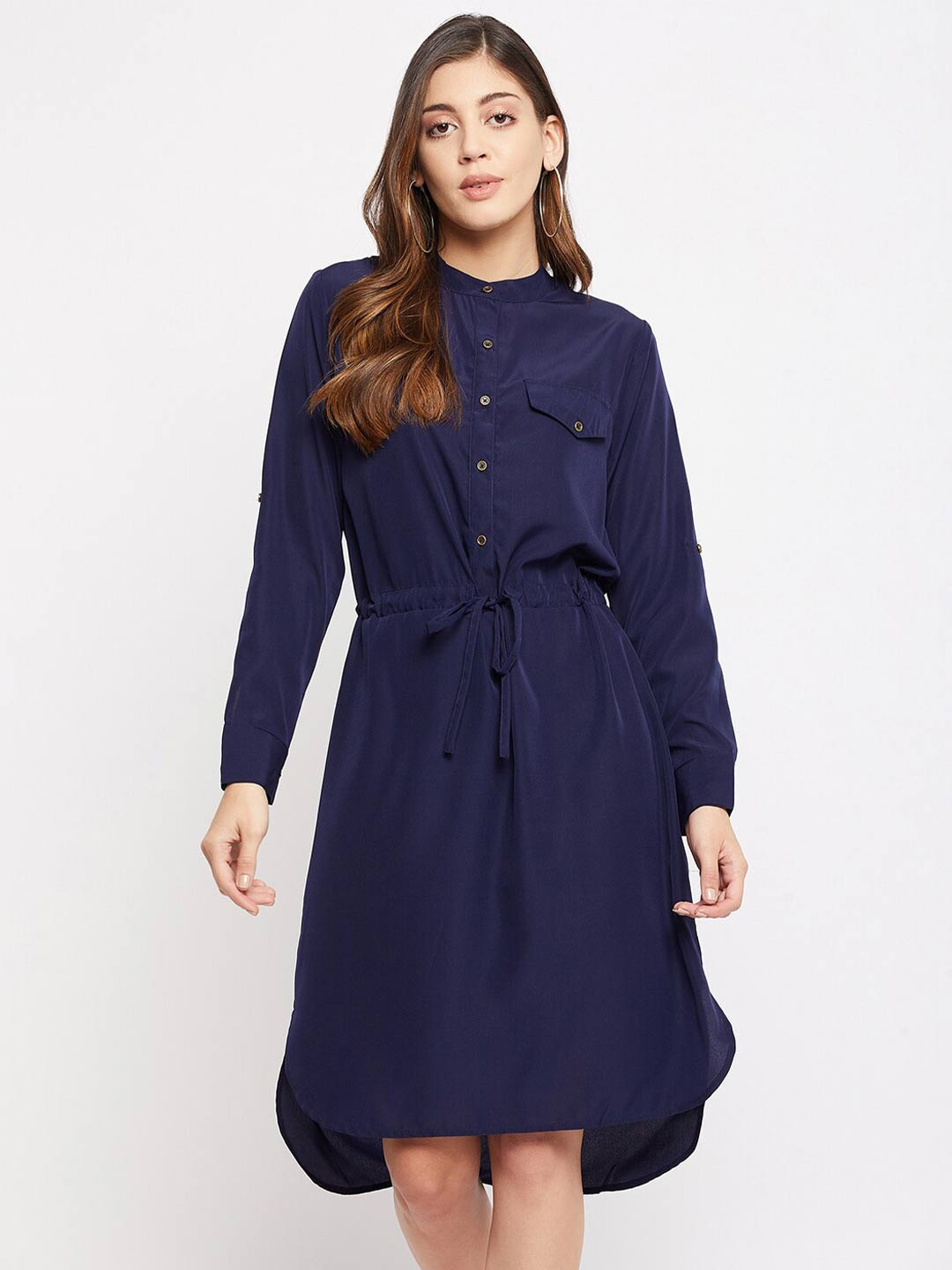 Color Cocktail Women Navy Blue Crepe Shirt Dress