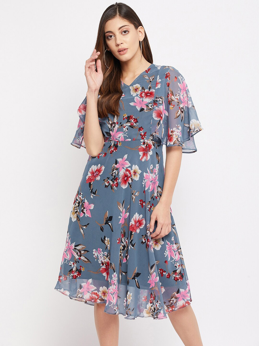 Color Cocktail Women Grey Floral Printed A-Line Dress