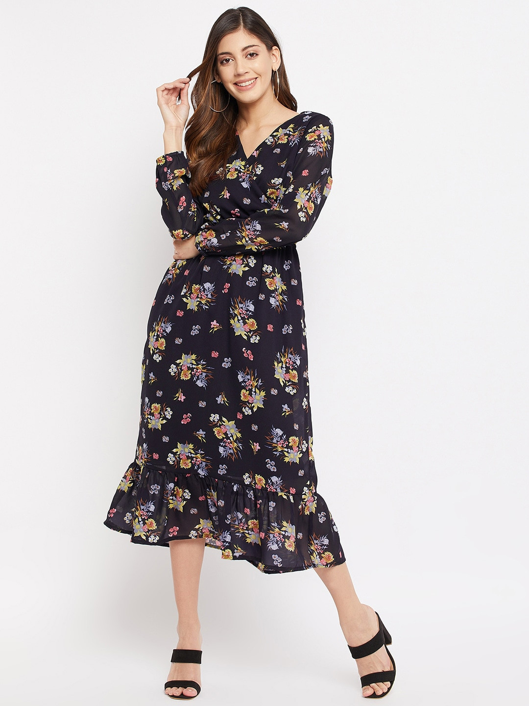 Color Cocktail Women Black Floral Georgette Midi Dress