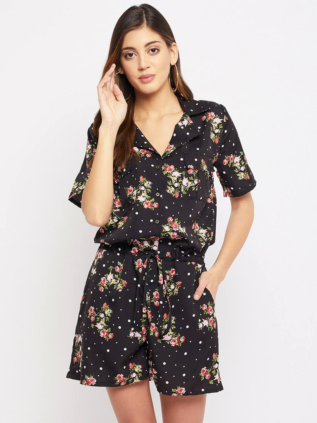 Color Cocktail Women Black & Red Floral Printed Playsuit