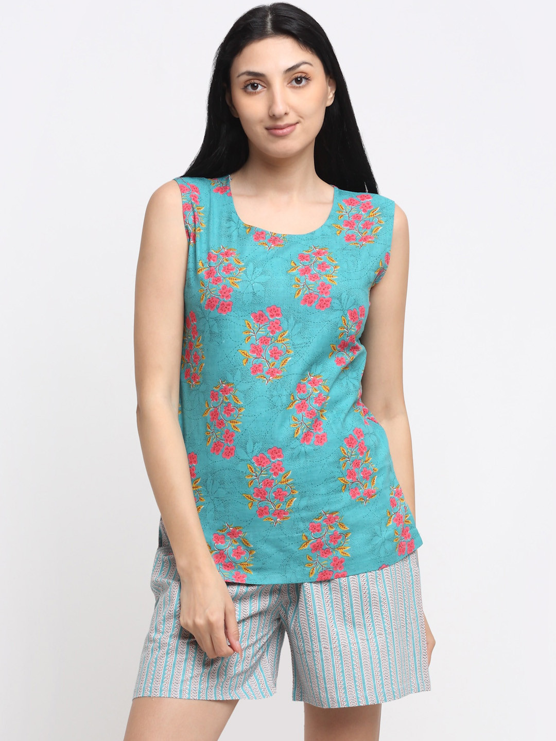NEUDIS Women Teal Green & Pink Ethnic Motifs Printed Pure Cotton Night Suit