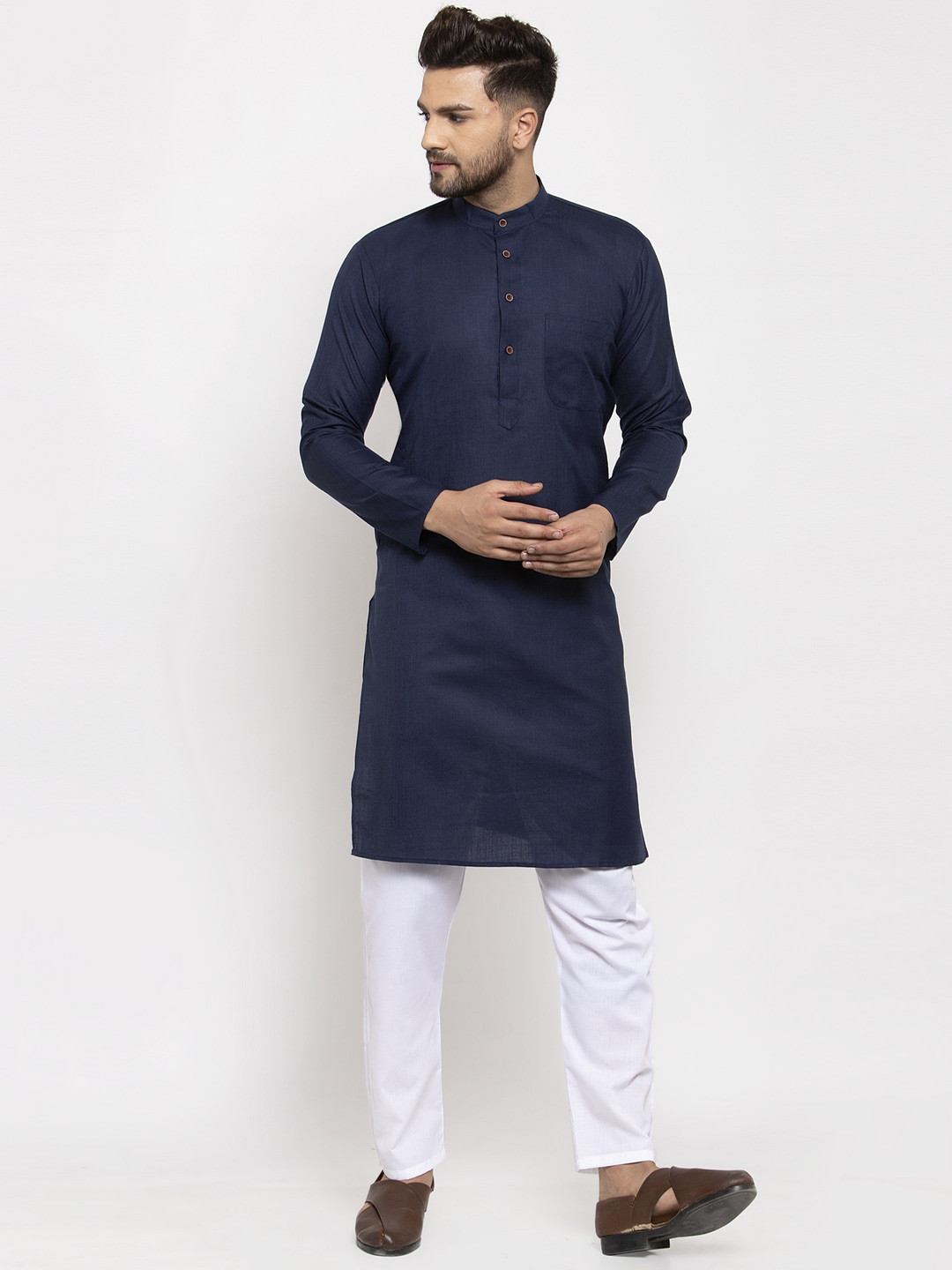 Jompers Men Navy Blue Cotton Kurta with Pyjamas