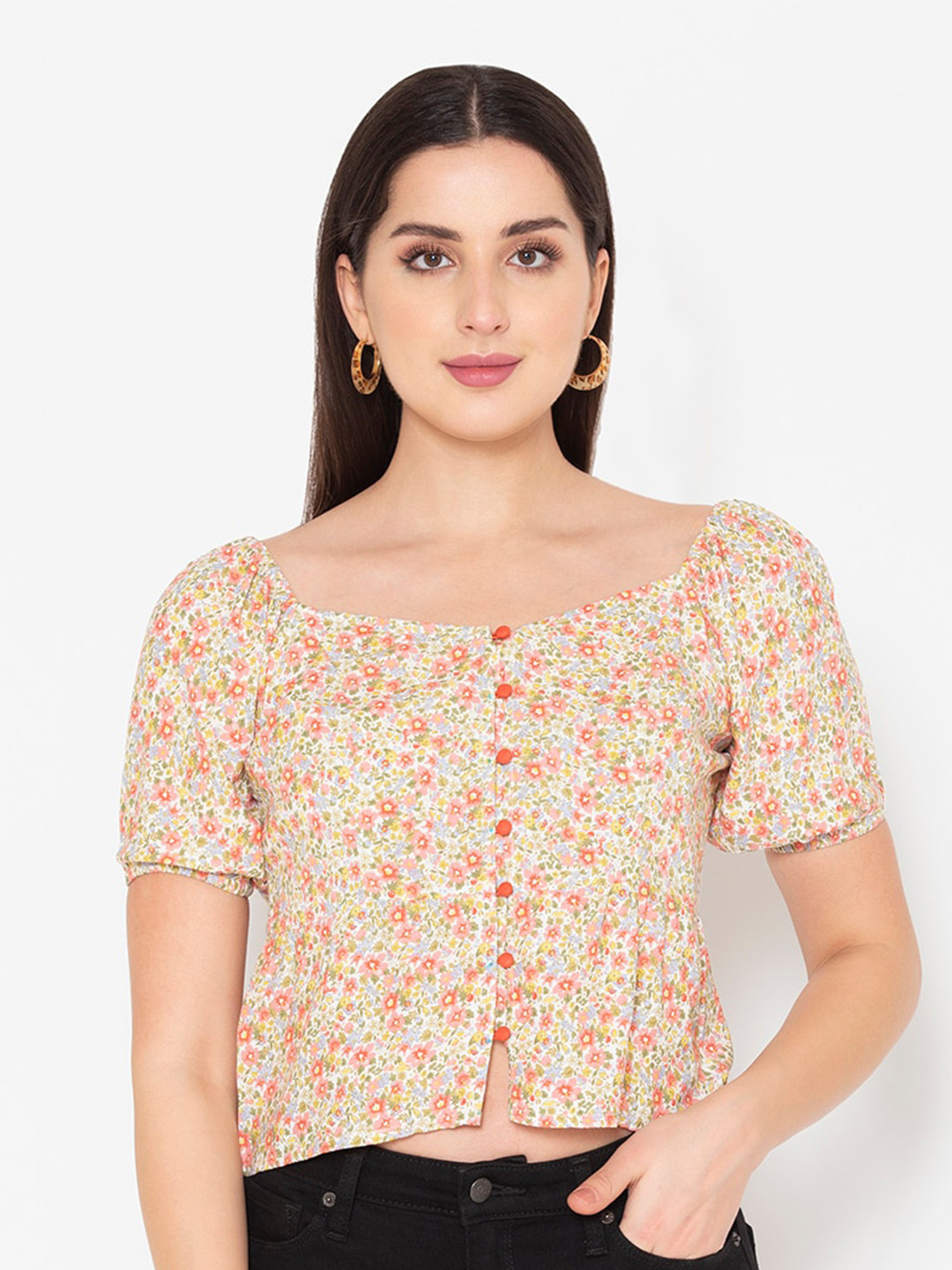 Porsorte Women Off White Floral Printed Crop Top