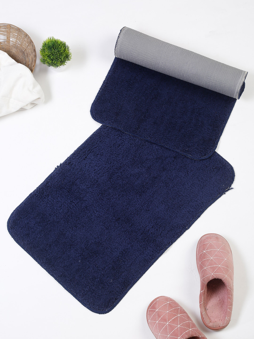 HOSTA HOMES Set of 2 Navy Blue Solid Anti Skid Cotton Door Mats