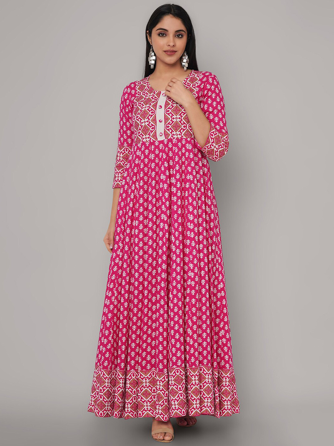 Sanganeri Kurti Women Pink & White Printed Rayon Anarkali Kurta