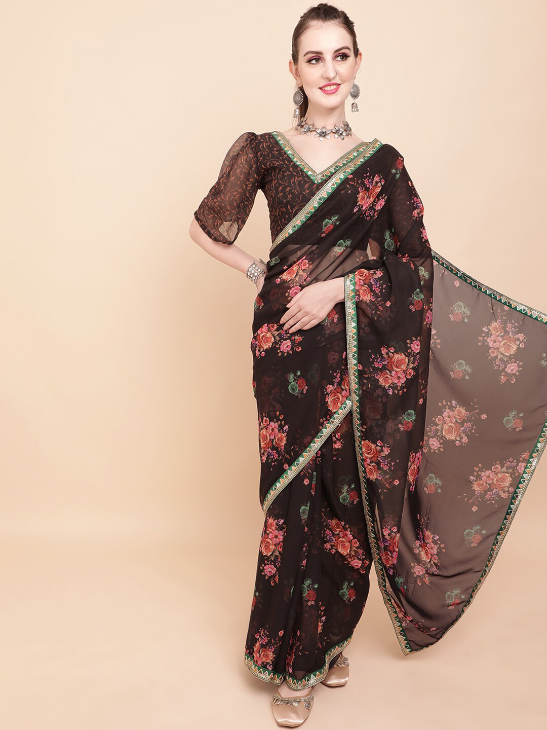 Sangria Black & Red Floral Pure Georgette Saree