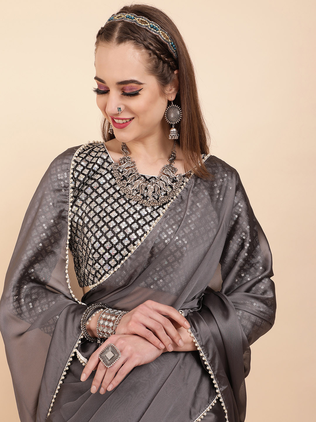 Sangria Grey & Golden Solid Satin Saree