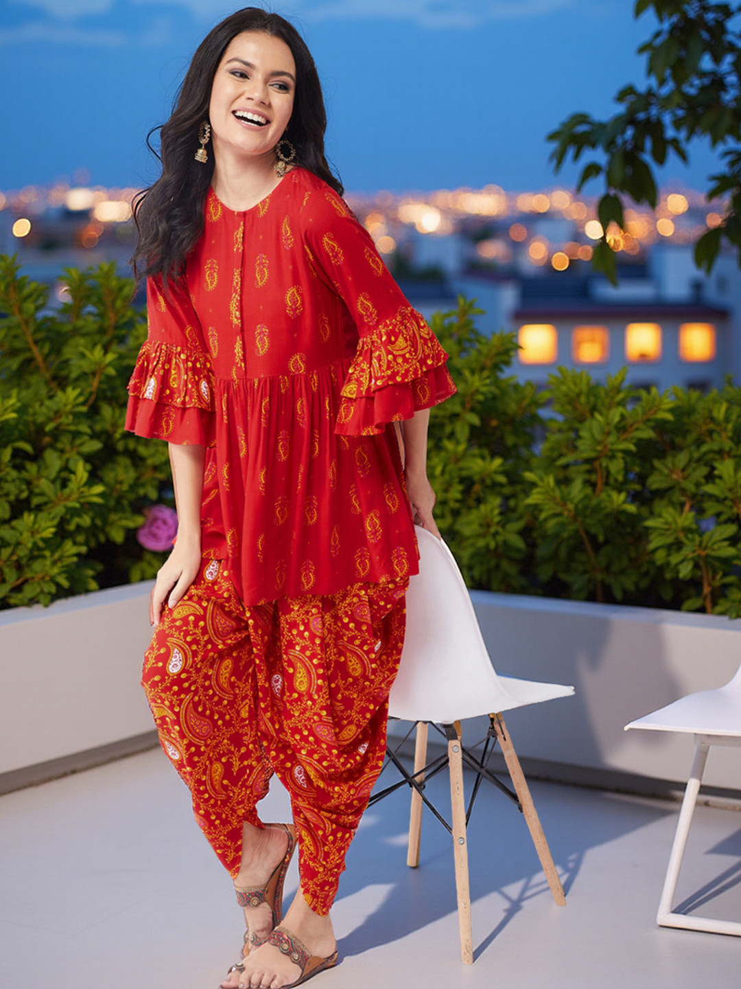 Pannkh Women Red & Yellow Paisley Printed Pleated Kurti with Dhoti Pants