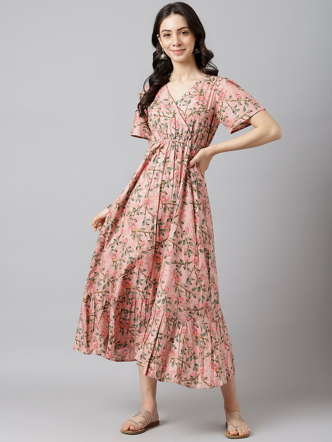 DECKEDUP Women Pink Floral Midi Dress