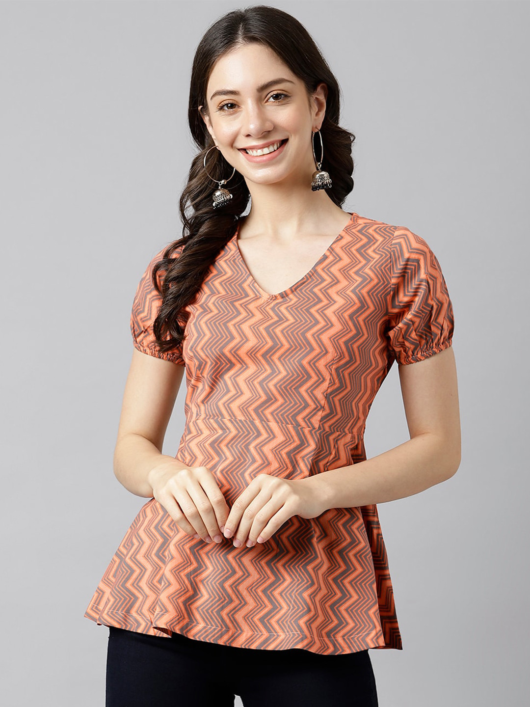 DECKEDUP Women Peach-Coloured Print Cotton Peplum Top