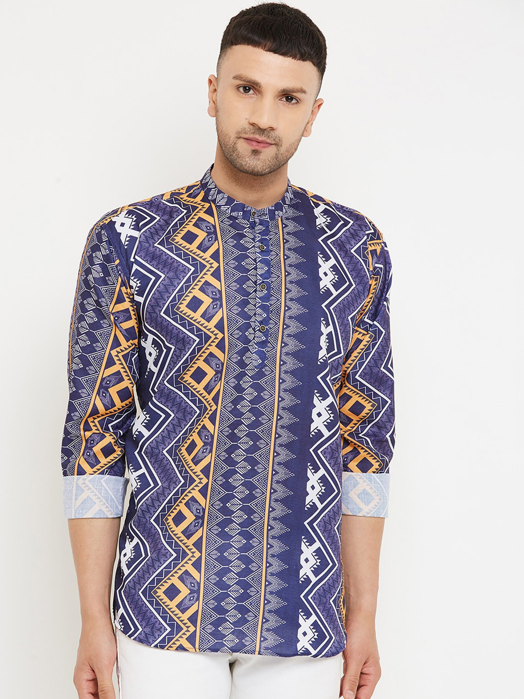 Armaan Ethnic Men Blue Geometric Indie Prints Cotton Kurta
