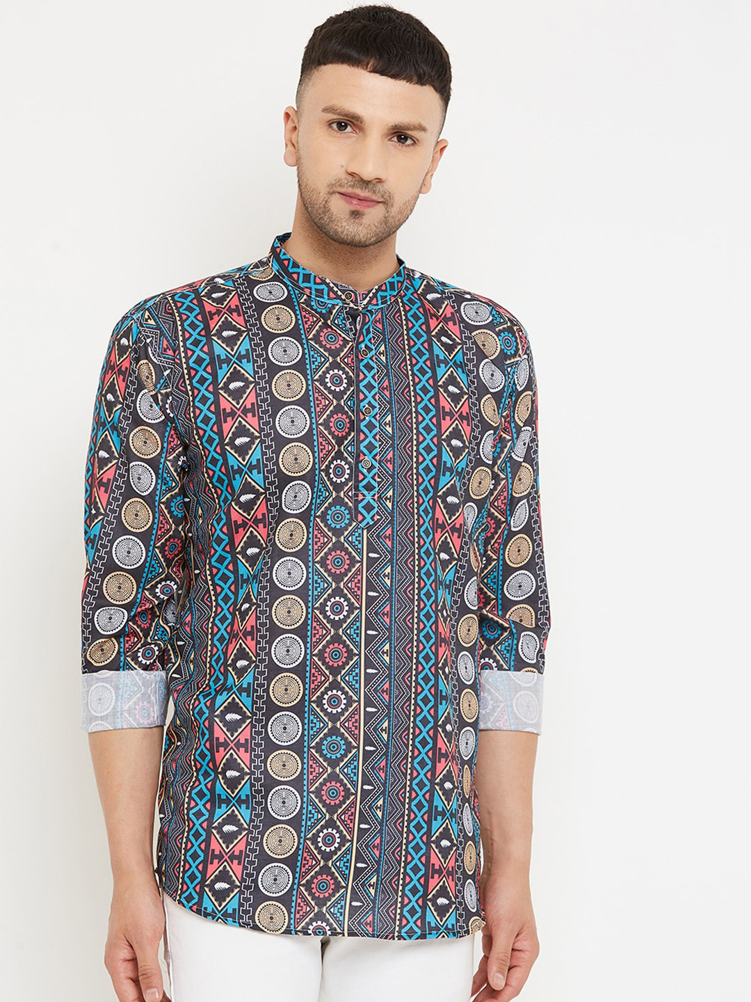 Armaan Ethnic Men Blue Geometric Indie Prints Cotton Kurta