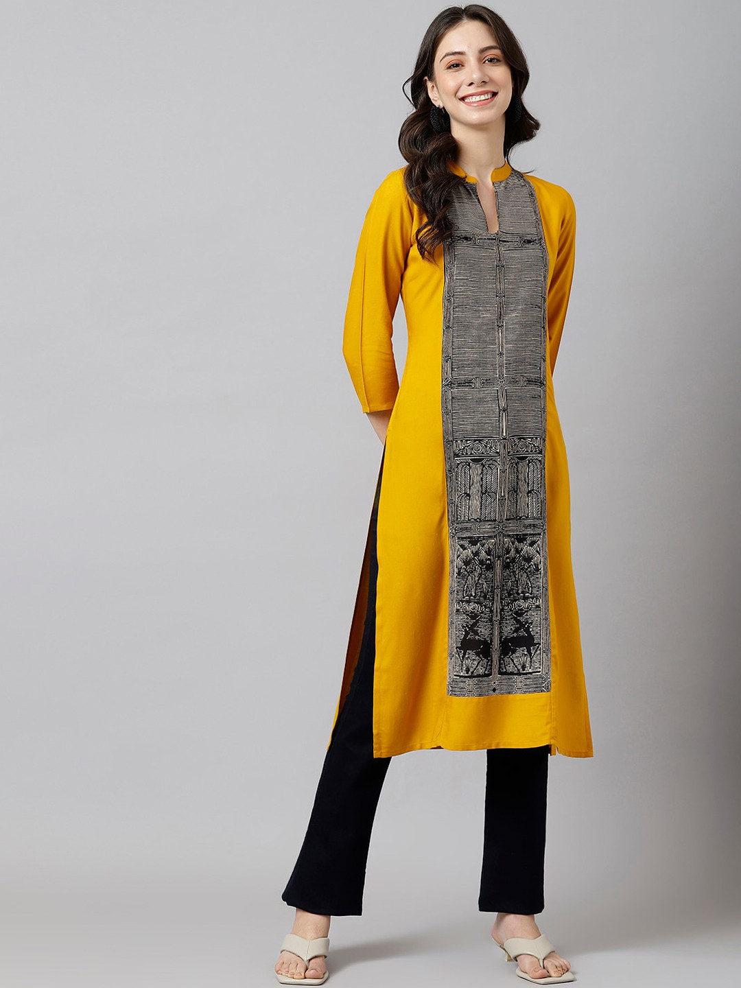 DECKEDUP Women Mustard Yellow & Black Printed Indie Prints Kurta