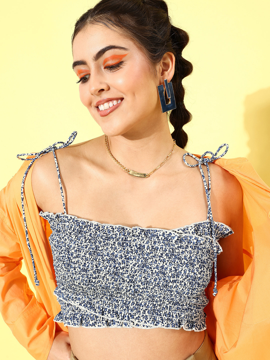 KASSUALLY White & Blue Floral Print Tie-Up Neck Smocked Crepe Crop Top