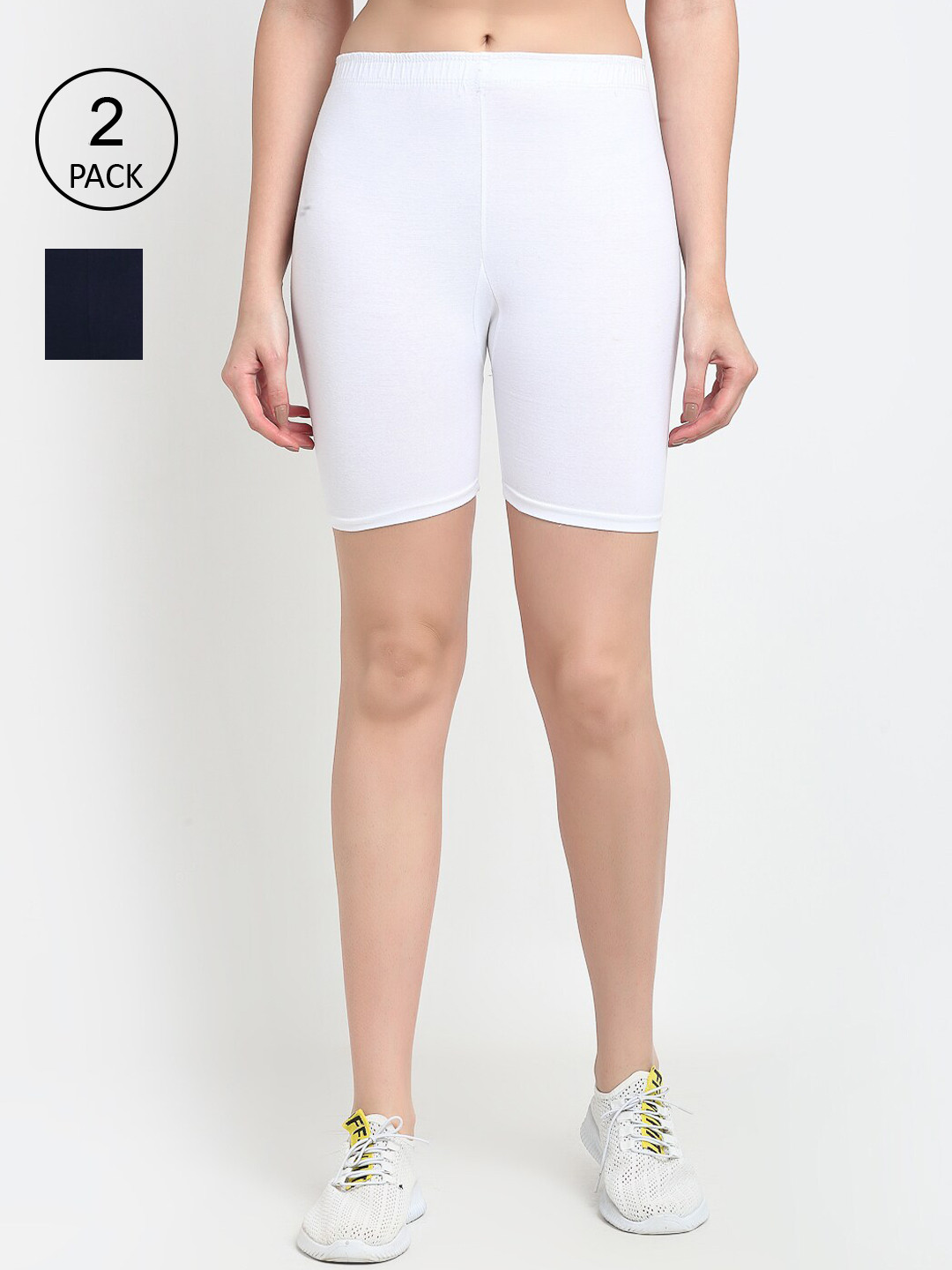 Jinfo Women White & Navy Blue Pack Of 2 Cycling Sports Shorts
