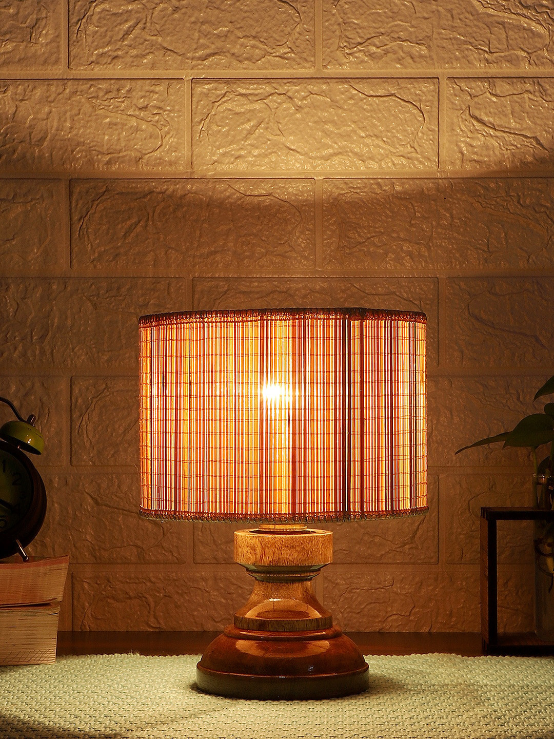 Devansh Beige Bamboo Table Lamp with Wood Base