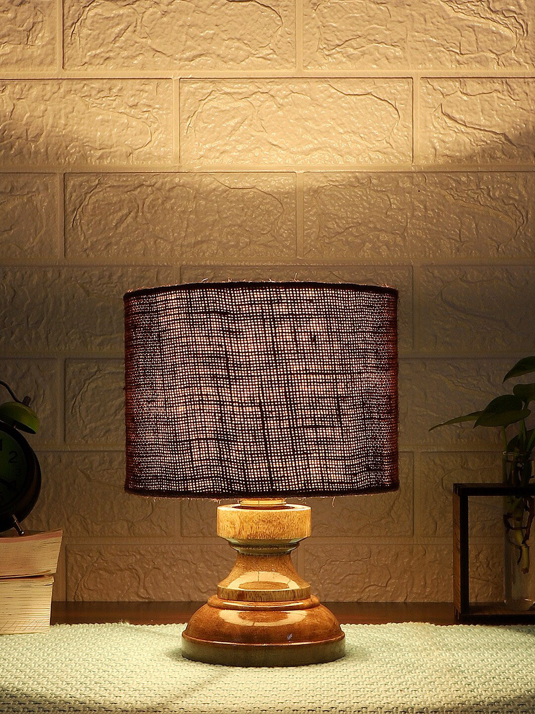 Devansh Coffee Brown Jute Table Lamp with Wood Base
