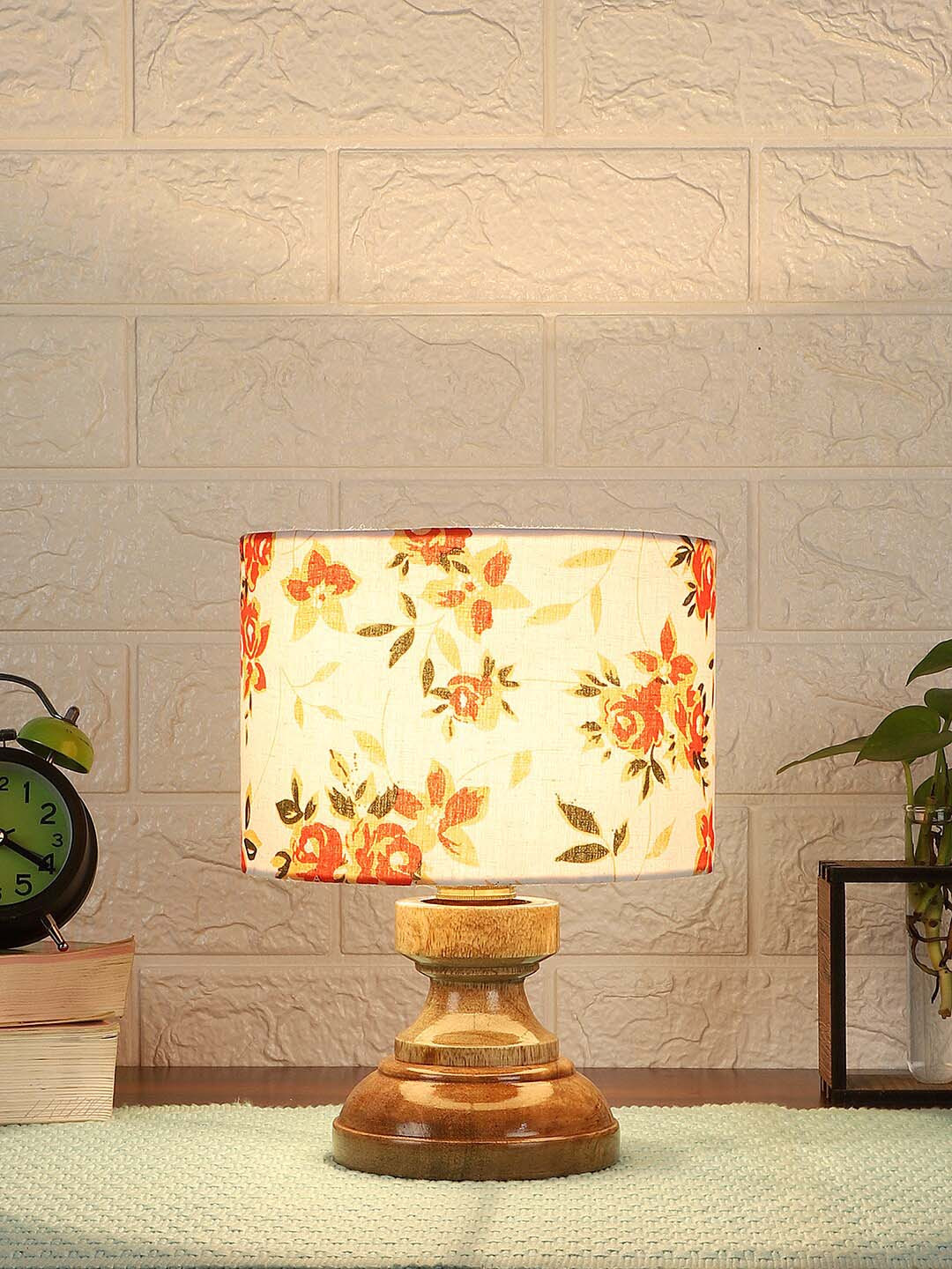 Devansh White Printed Wood Table Lamp With Cylindrical Cotton Shade