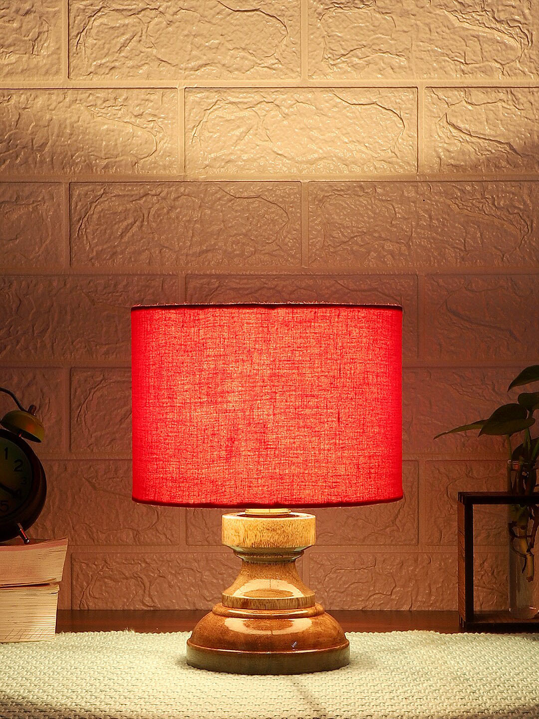 Devansh Red Cotton Table Lamp with Wood Base