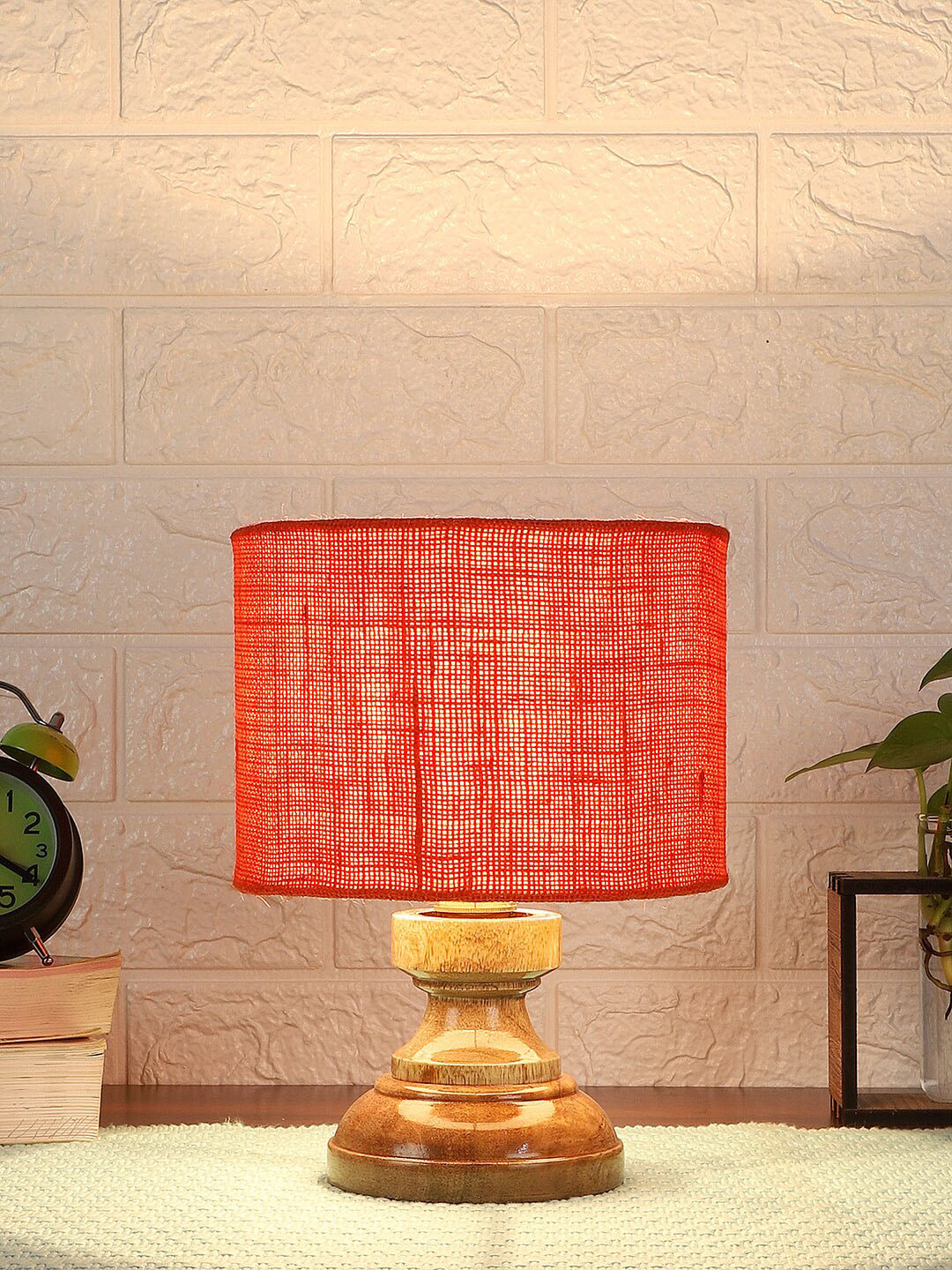 Devansh Orange Jute Table Lamp with Wood Natural Base