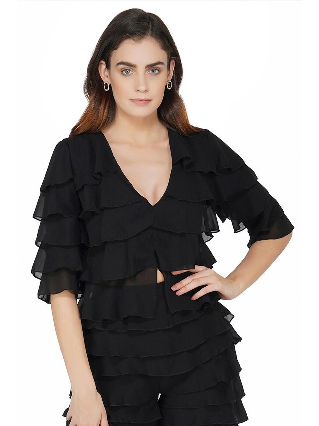 THE CLOTHING FACTORY Black Georgette Tiered Crop Top