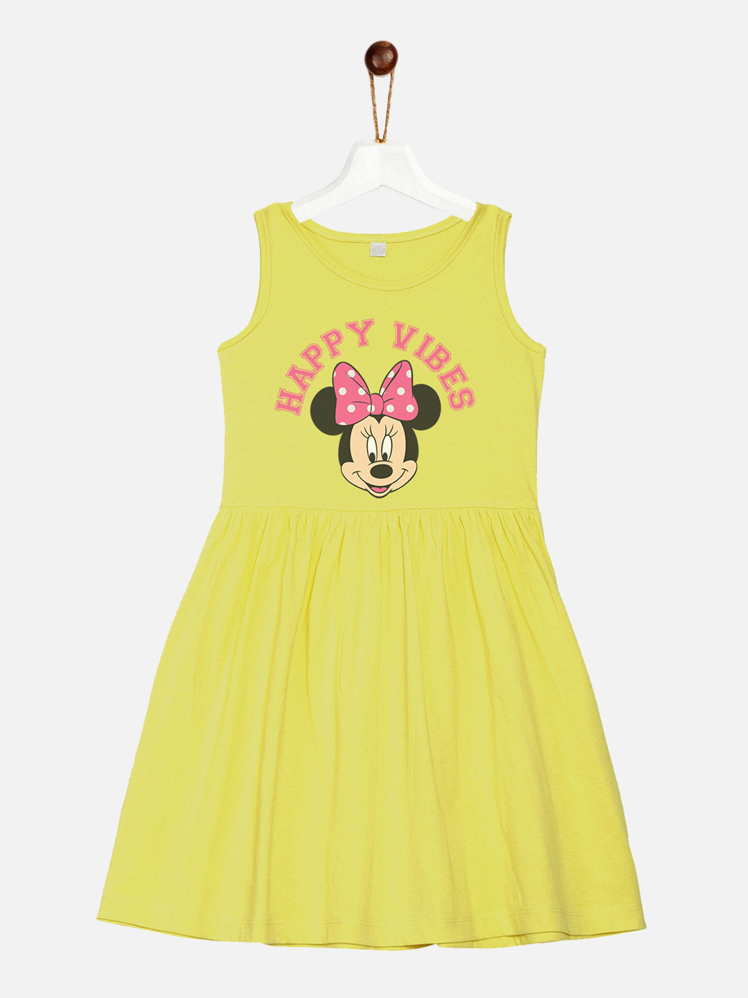 YK Disney Girls Yellow Minnie Printed Cotton Fit & Flare Sleeveless Dress