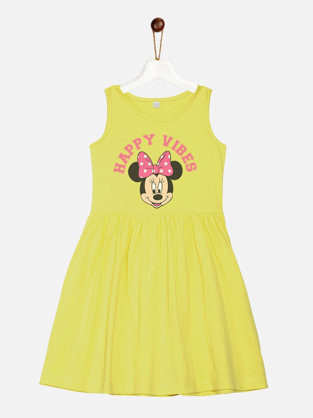 YK Disney Girls Yellow Minnie Printed Cotton Fit & Flare Sleeveless Jersey Dress