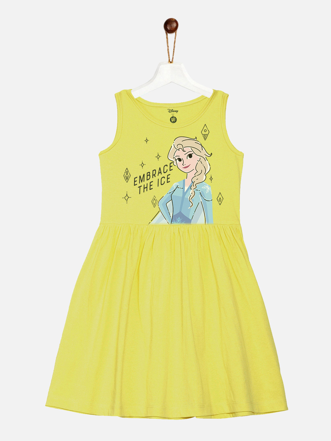 YK Disney Girls Yellow Elsa Frozen Princess Print Cotton Fit & Flare Sleeveless Dress