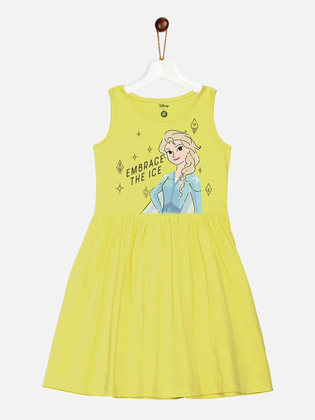 YK Disney Girls Yellow Elsa Frozen Princess Print Cotton Fit & Flare Sleeveless Dress
