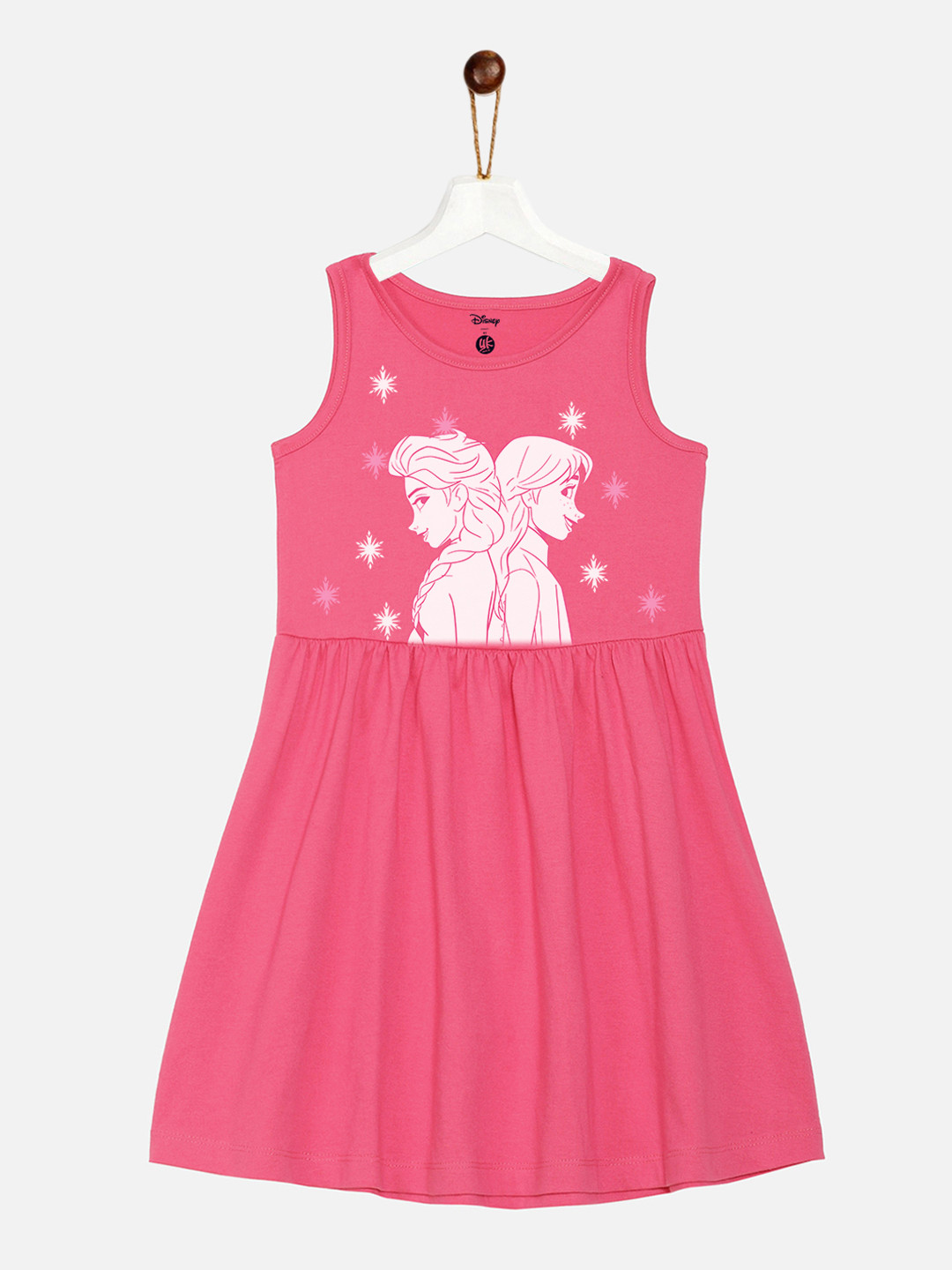 YK Disney Girls Pink & White Elsa & Anna Printed Cotton Dress