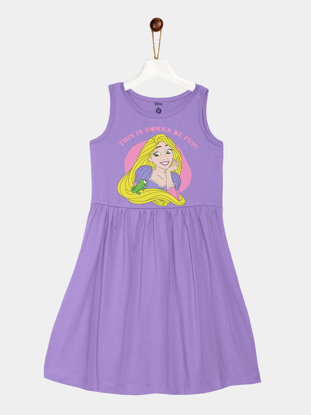 YK Disney Girls Purple Rapunzel Princess Printed Dress Cotton Fit & Flare Sleeveless Dress