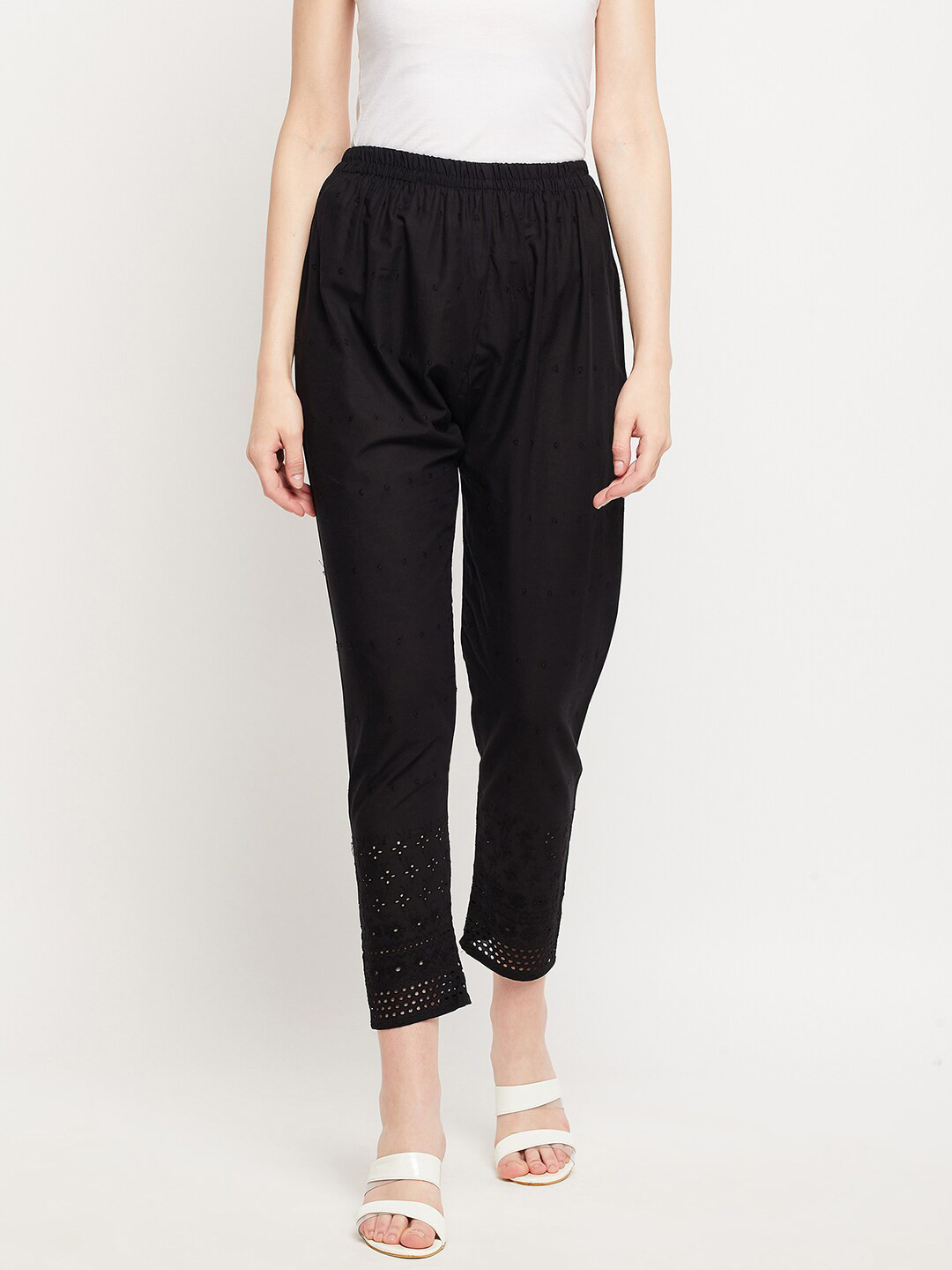 Clora Creation Women Black Chikankari Embroidered Cotton Cropped Trousers
