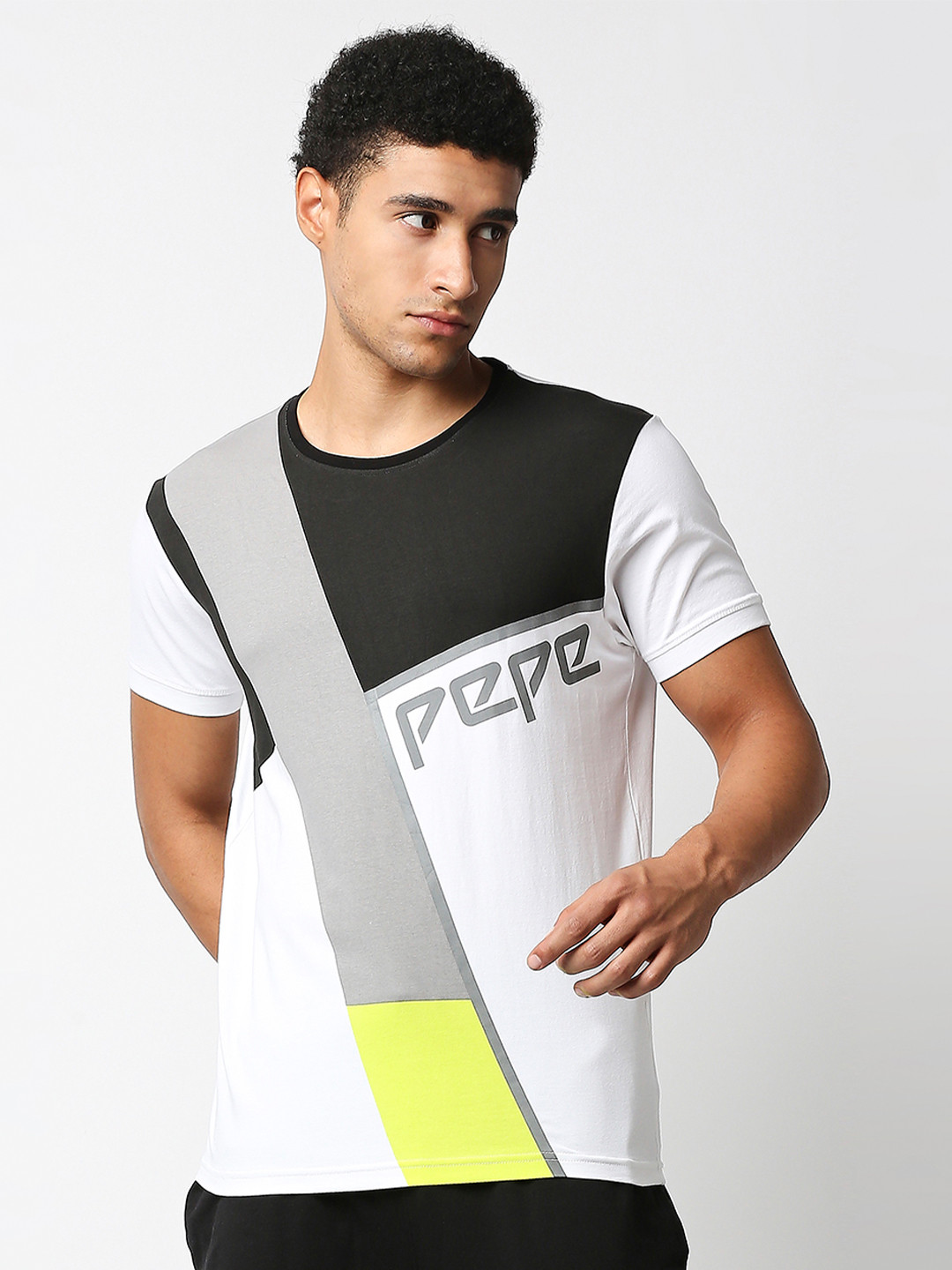 Pepe Jeans Men Grey & White Colourblocked Slim Fit Cotton T-shirt