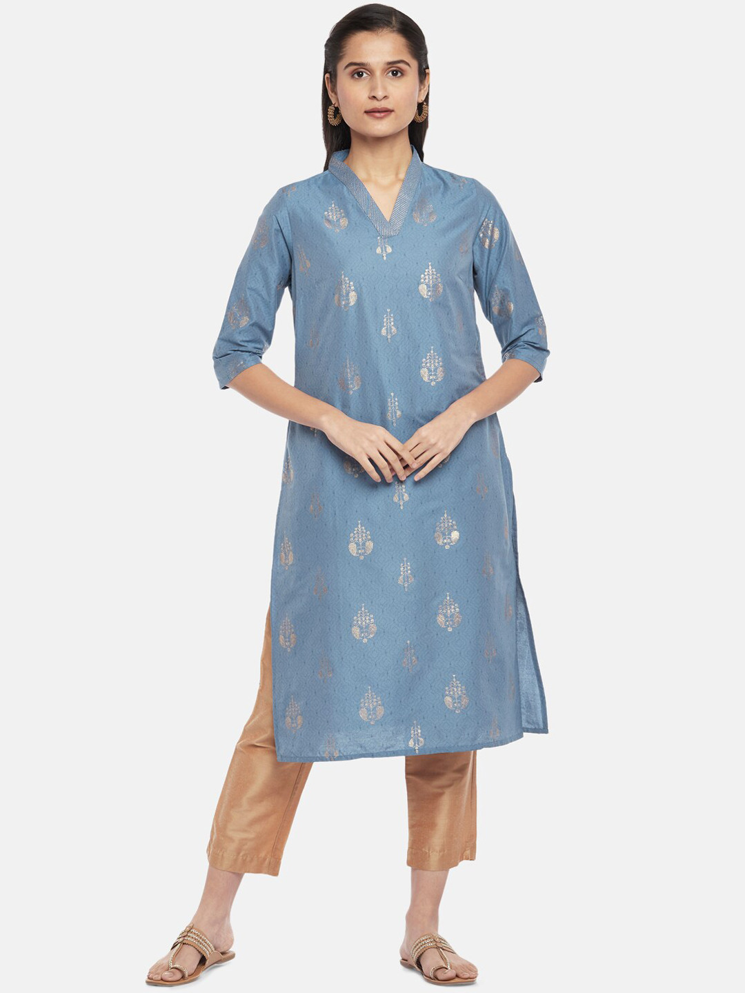 RANGMANCH BY PANTALOONS Women Blue & Golden Printed Thread Work Kurta