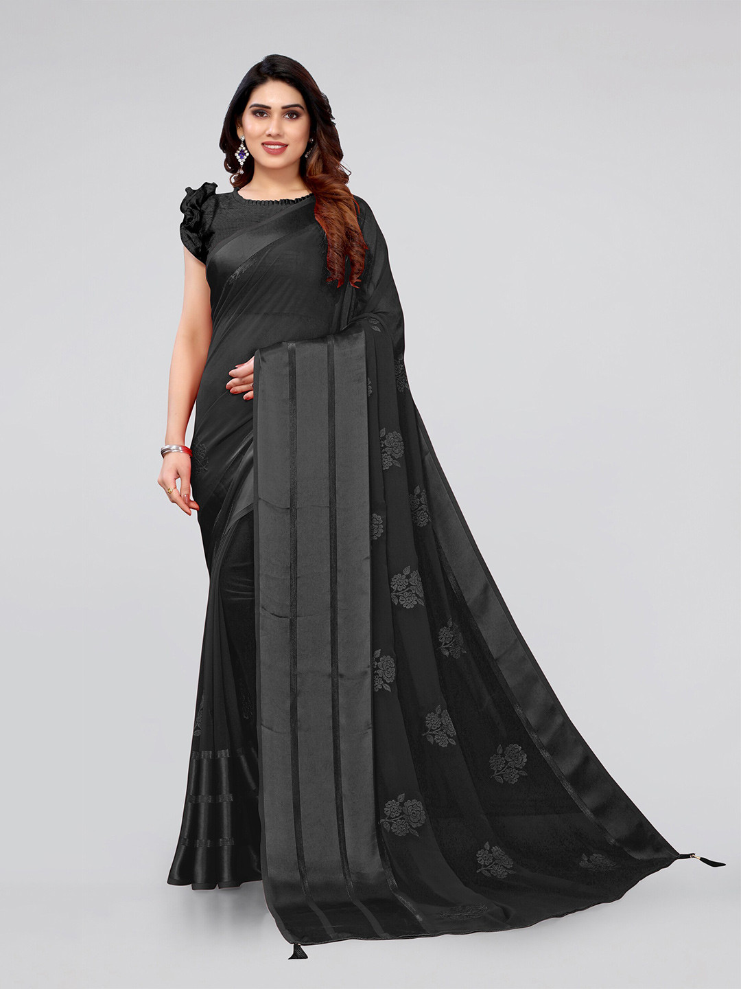 MIRCHI FASHION Black & Grey Floral Embroidered Saree